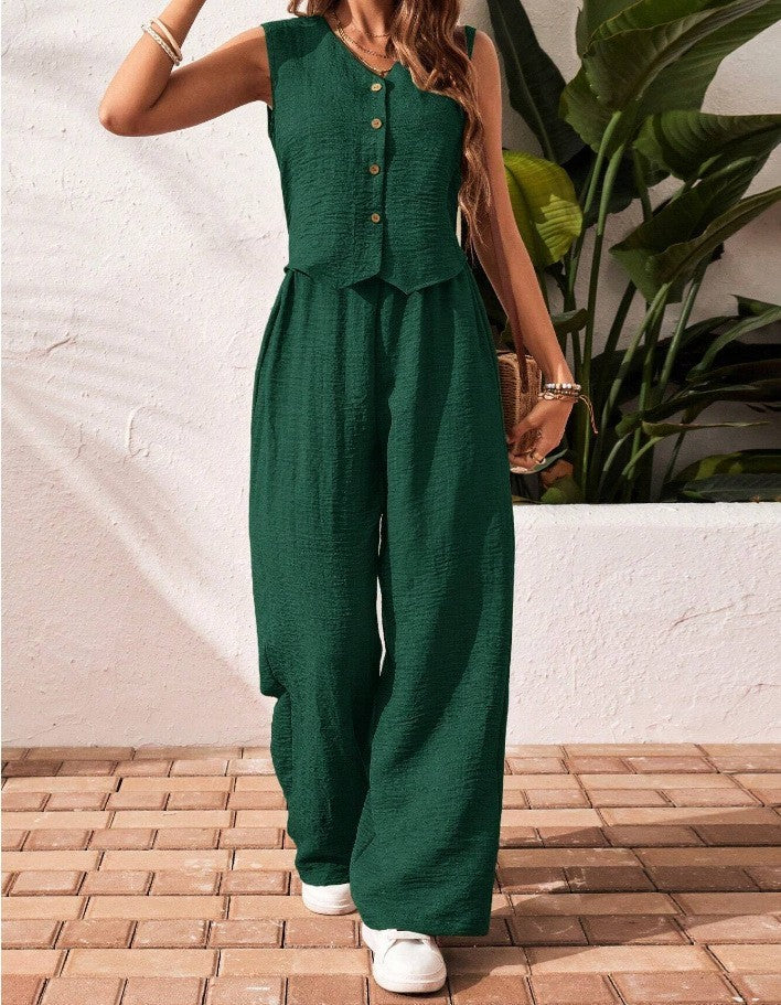 Chaleco y pantalones de lino para uso casual y de oficina, con cierre frontal de botones.