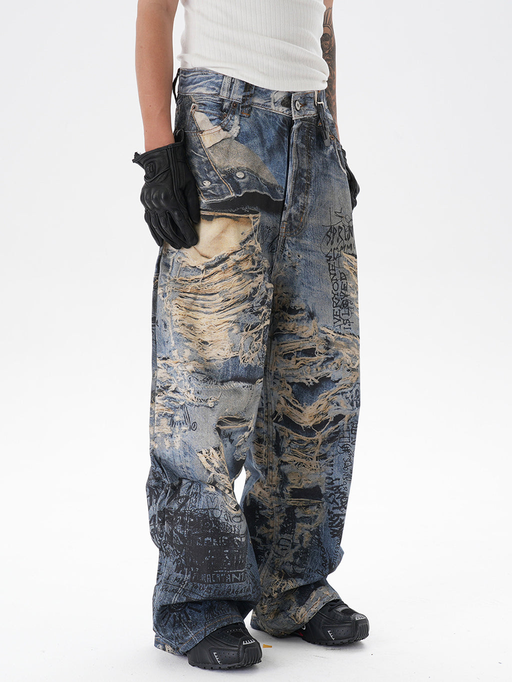 Jeans rectos rasgados con estampado graffiti 3D