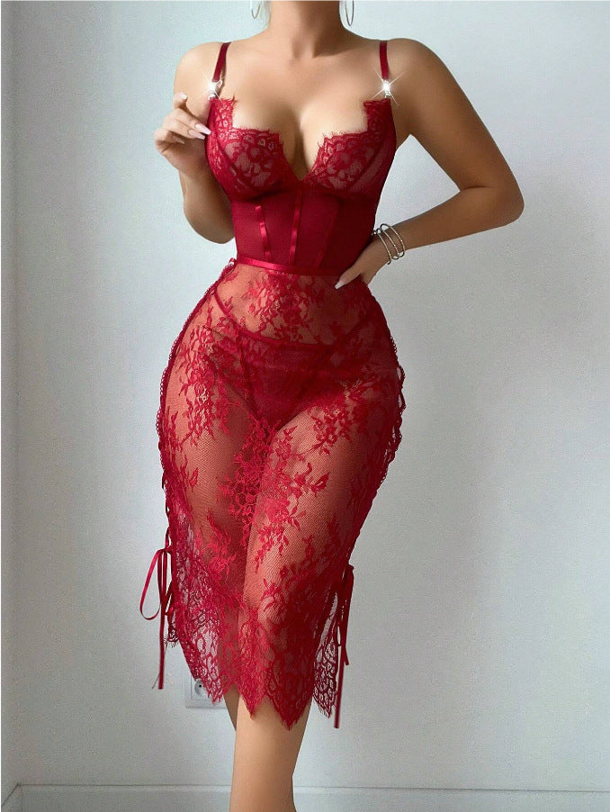 Vestido de lencería sexy rojo con encaje y transparencias
