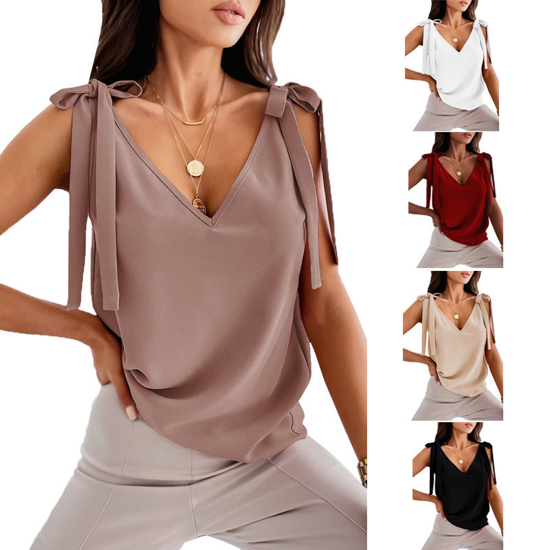 Camisola con Lazo y Escote en V para Mujer – Tops de Verano sin Mangas