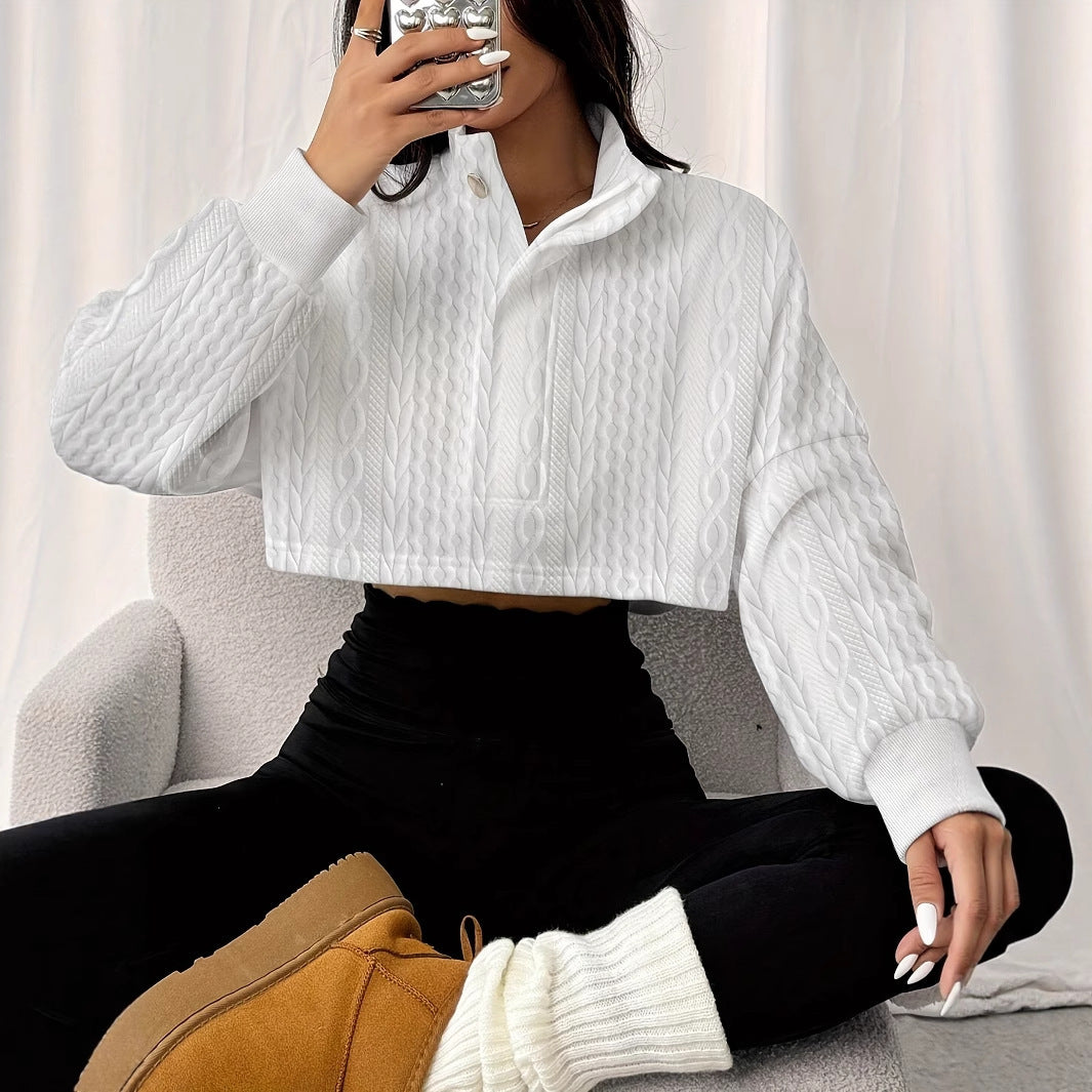 Sudadera Corta para Mujer con Cuello Alto y Botones Frontales