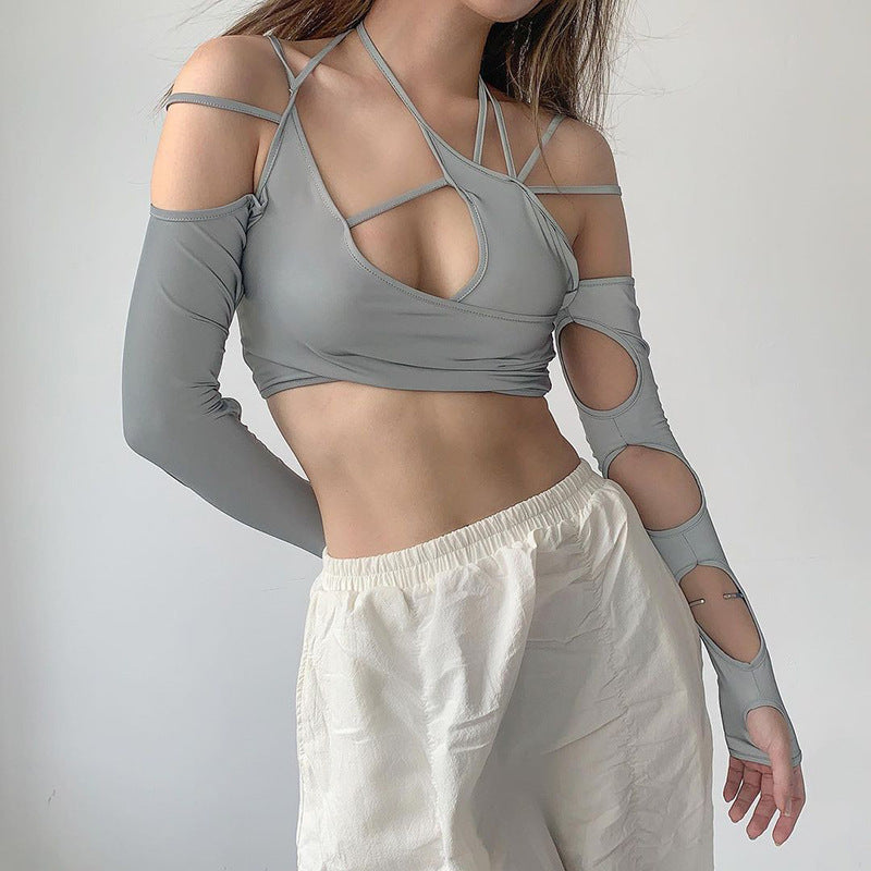 Top tipo camisola con cuello halter, sin tirantes y mangas halter