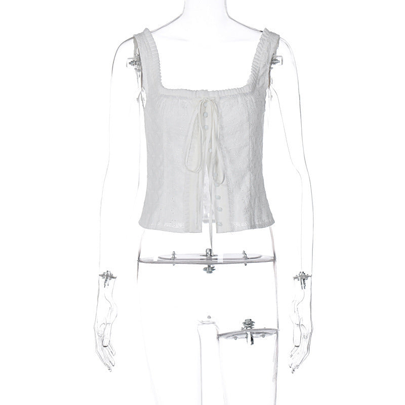 Blusa de Encaje con Cordón y Botones, Cuello Cuadrado y Corte Ajustado
