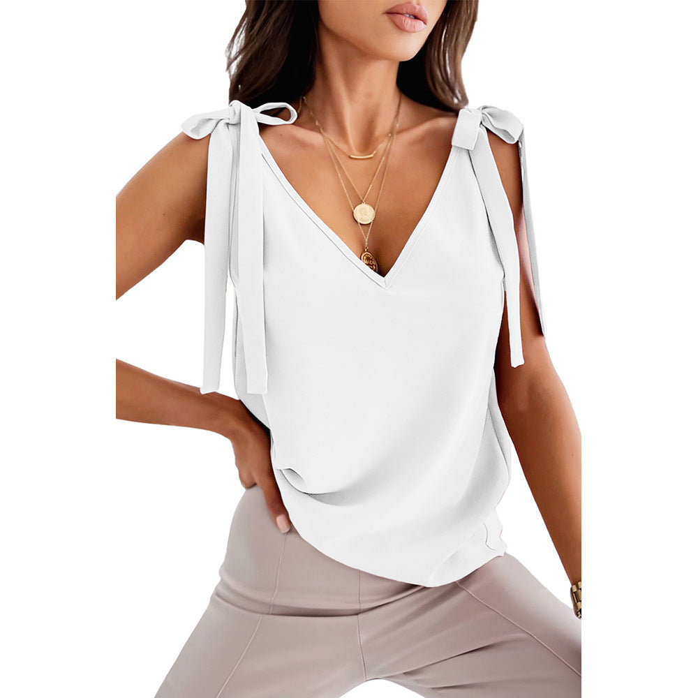 Camisola con Lazo y Escote en V para Mujer – Tops de Verano sin Mangas
