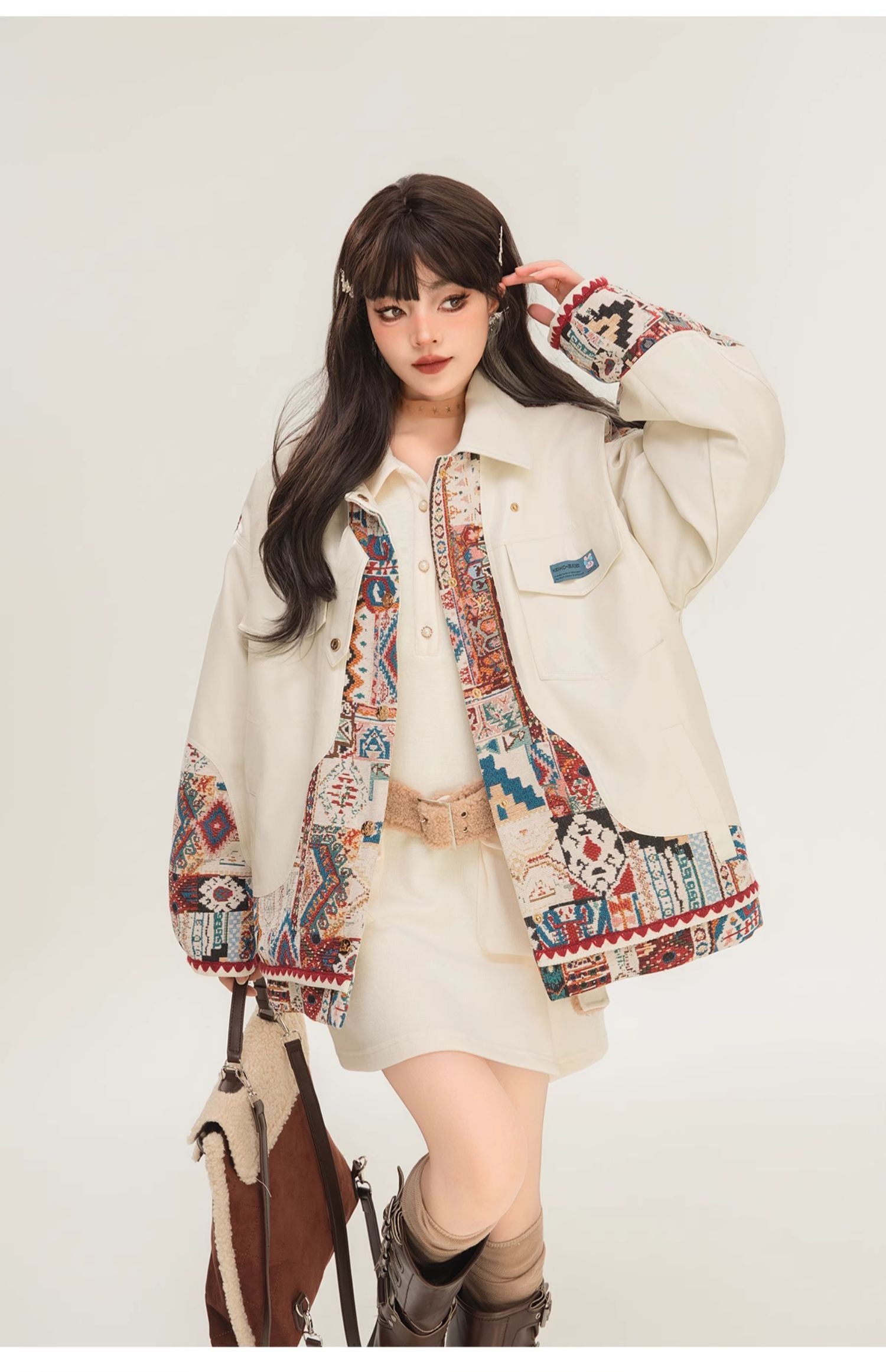 Chaqueta de Cuero PU con Diseño Jacquard