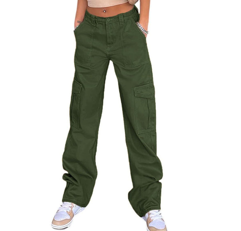 Pantalones de Trabajo Estilo Casual con Múltiples Bolsillos, Corte Recto y Cintura Alta