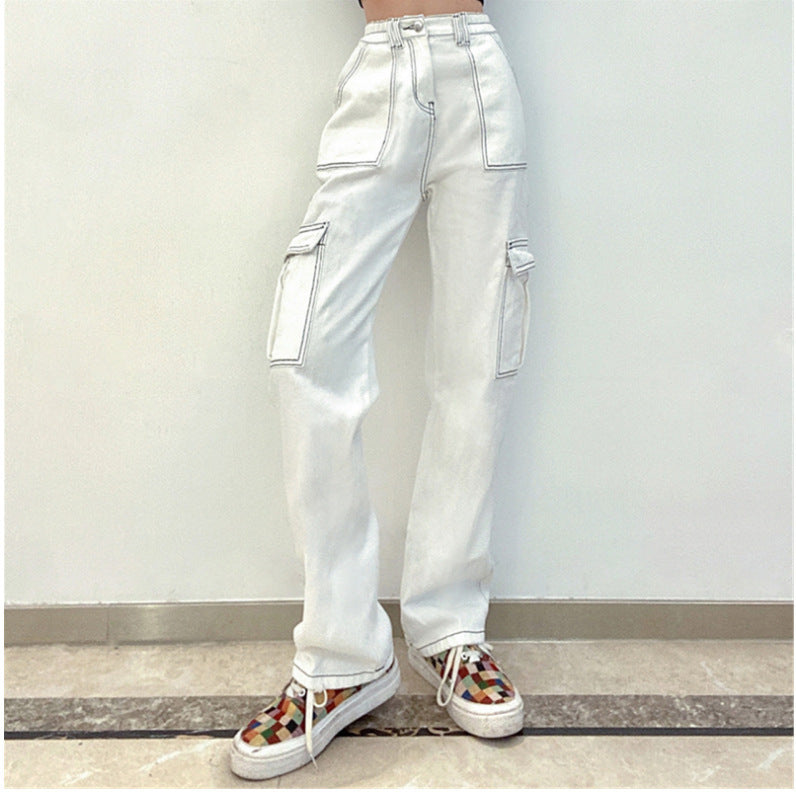 Pantalones de Trabajo Estilo Casual con Múltiples Bolsillos, Corte Recto y Cintura Alta