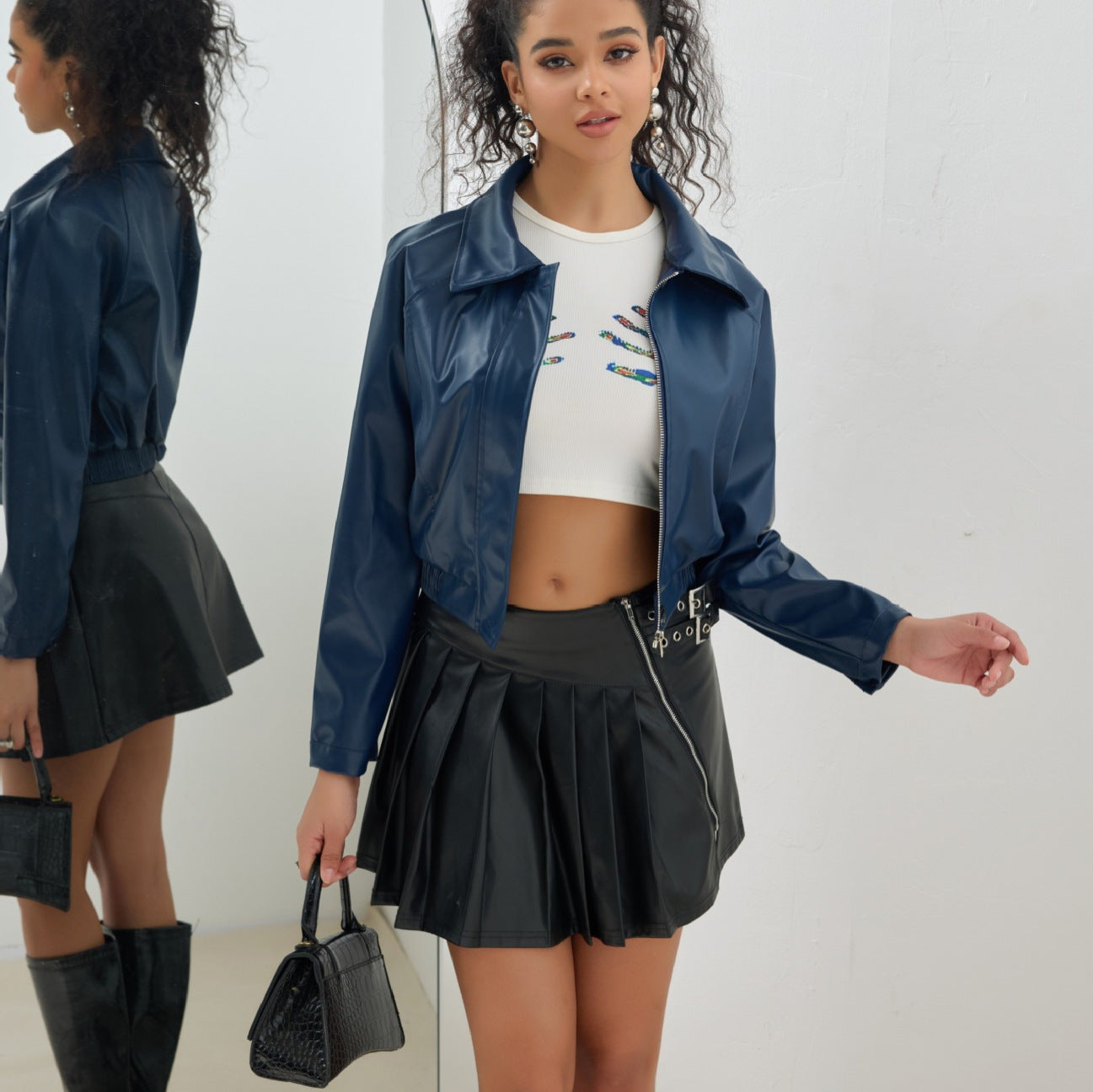 Chaqueta Corta de Cuero Vintage con Cierre