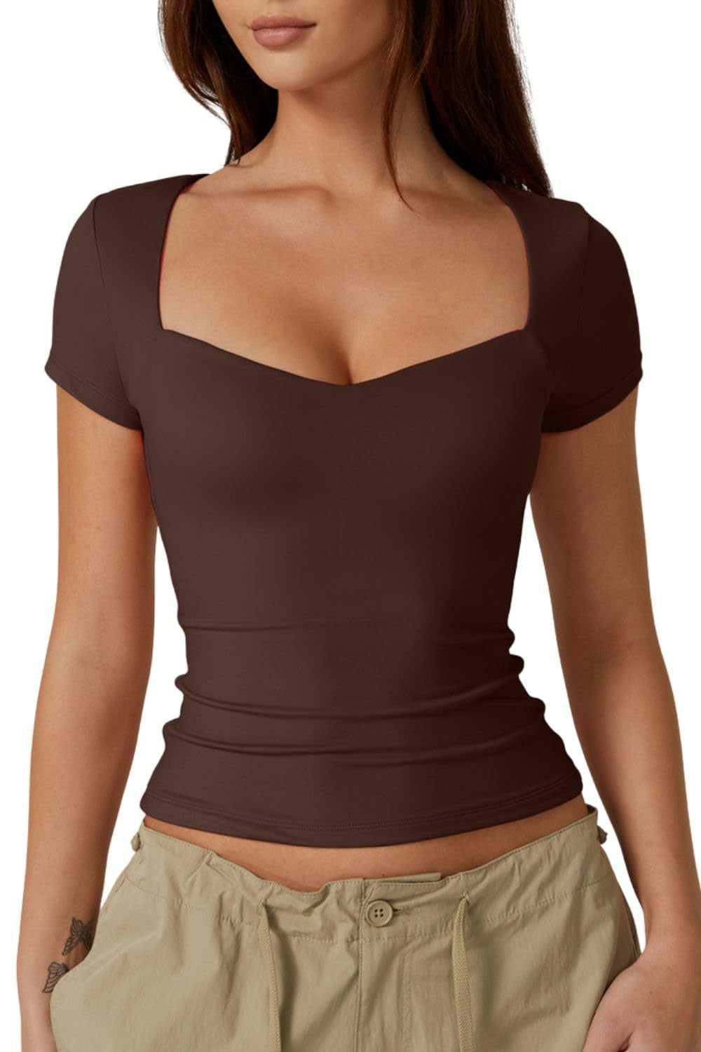 Blusa de moda para mujer, color sólido, slim fit, corte corto