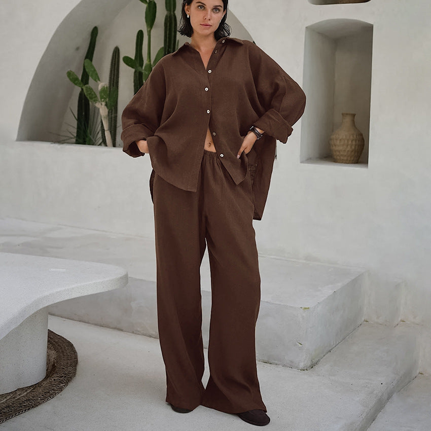 Conjunto de dos piezas suelto de algodón y lino, transpirable, con pantalones y top de manga larga.