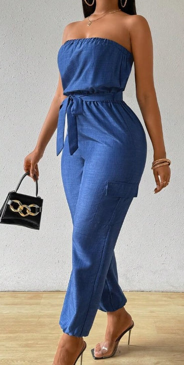 JumpSuit Casual de Verano para Mujer Sin Tirantes con Estilo Mezclilla y Diseño Utilitario