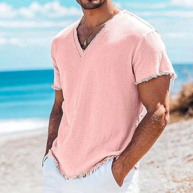 Playera de algodón y lino para hombre, manga corta