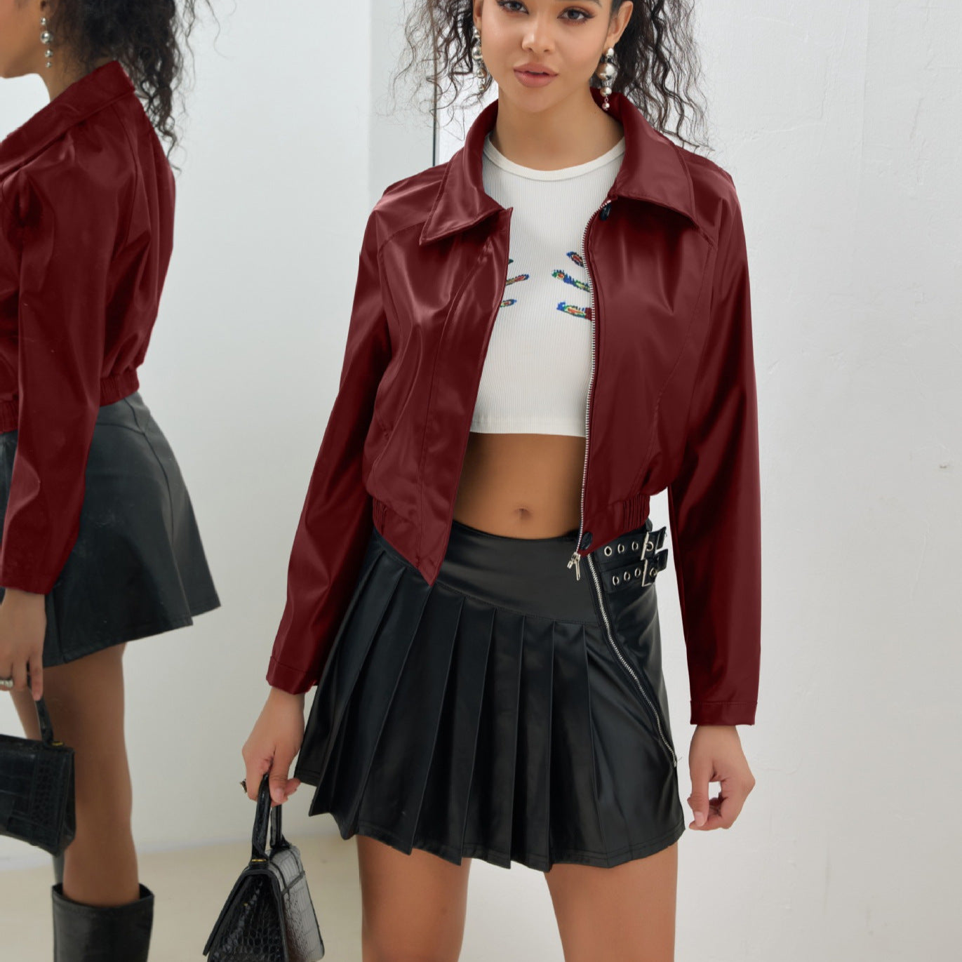 Chaqueta Corta de Cuero Vintage con Cierre
