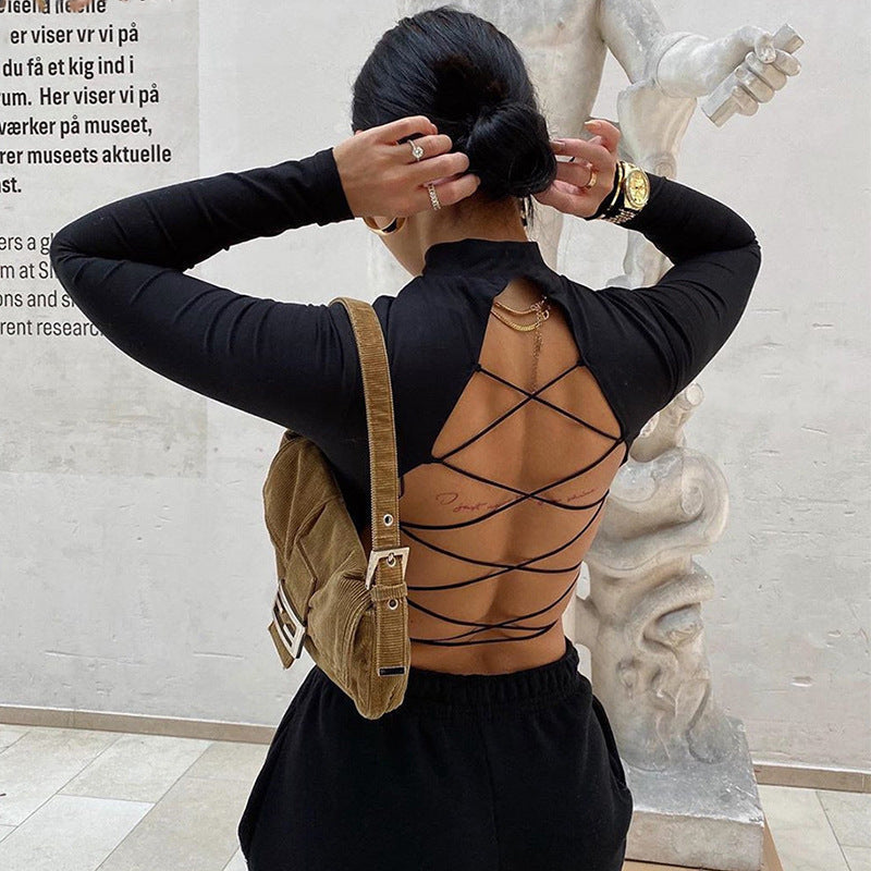 Blusa entallada sexy de manga larga con cordones y diseño calado