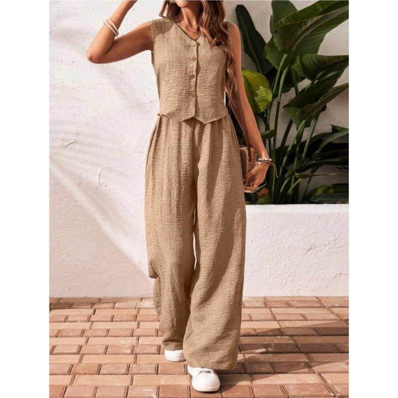 Chaleco y pantalones de lino para uso casual y de oficina, con cierre frontal de botones.