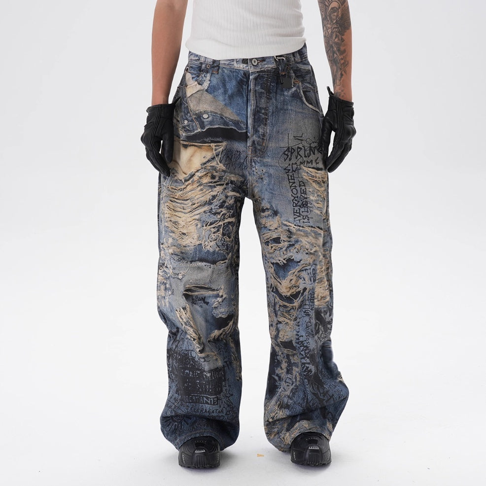 Jeans rectos rasgados con estampado graffiti 3D