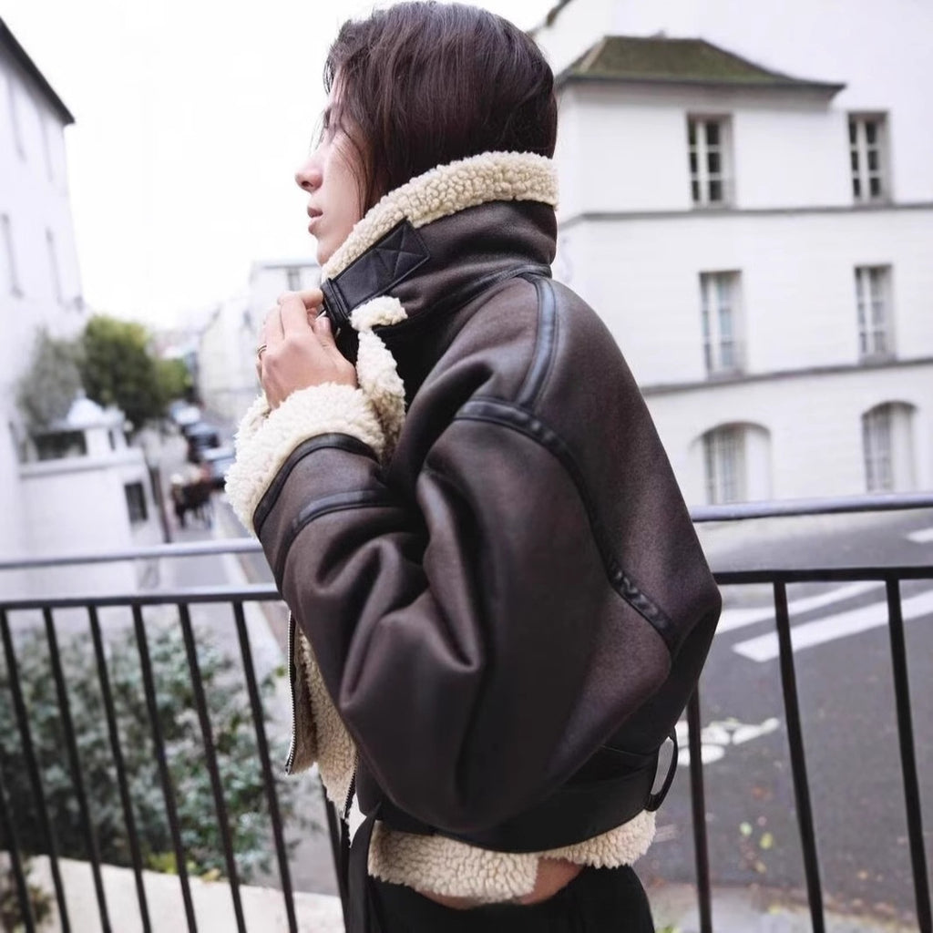 Chaqueta Corta Casual de Doble Cara con Cuello de Piel Integrado y Acolchado