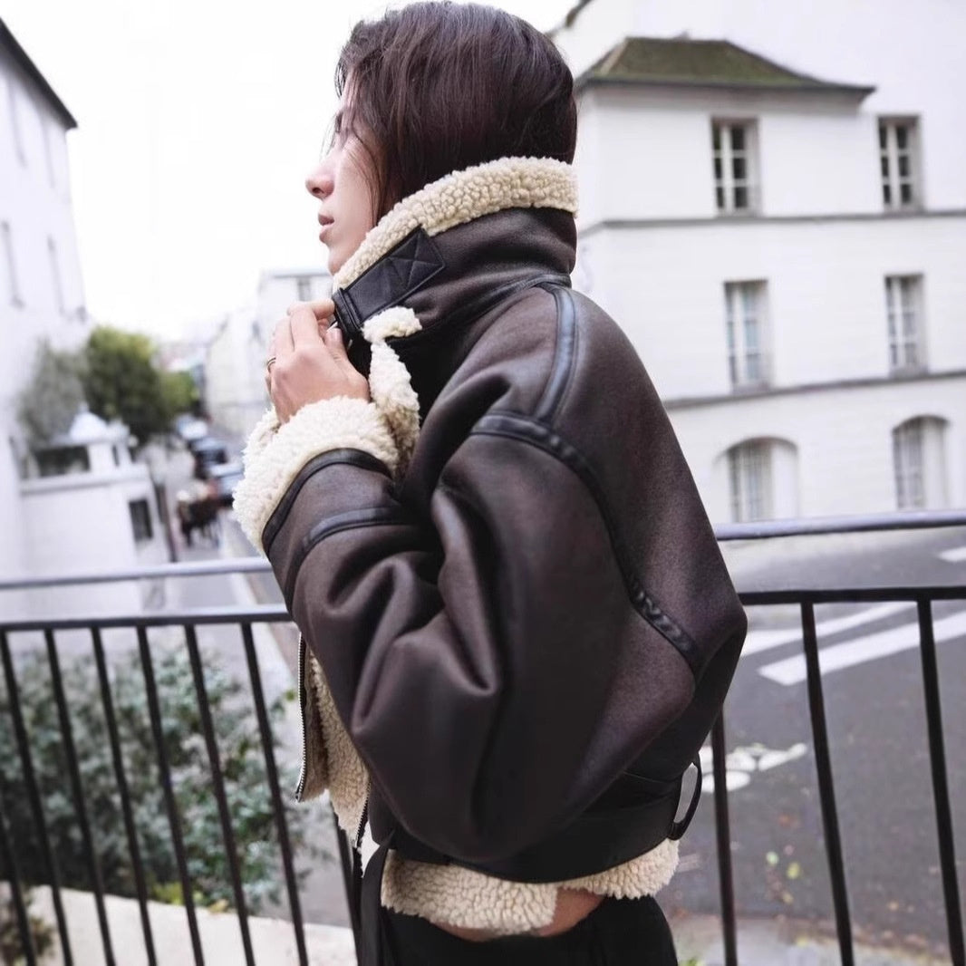 Chaqueta Corta Casual de Doble Cara con Cuello de Piel Integrado y Acolchado
