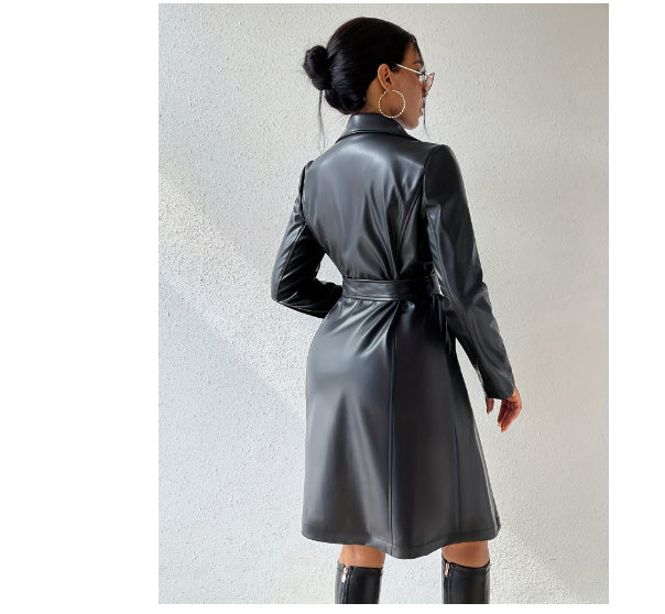 Gabardina Larga Slim Fit para Mujer de PU con Mangas Largas