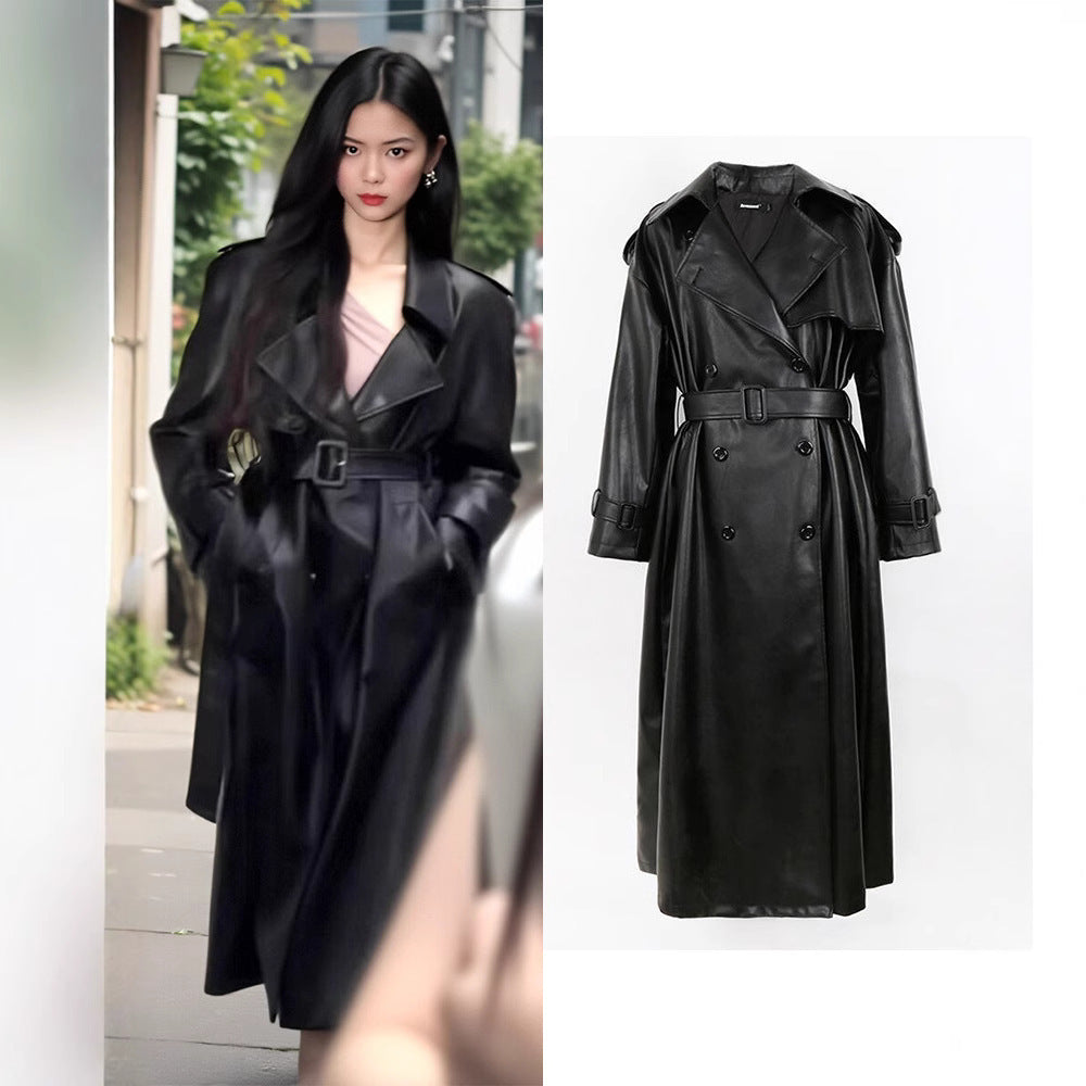 Gabardina Larga de Cuero PU Negra – Alta Calidad y Corte Alto