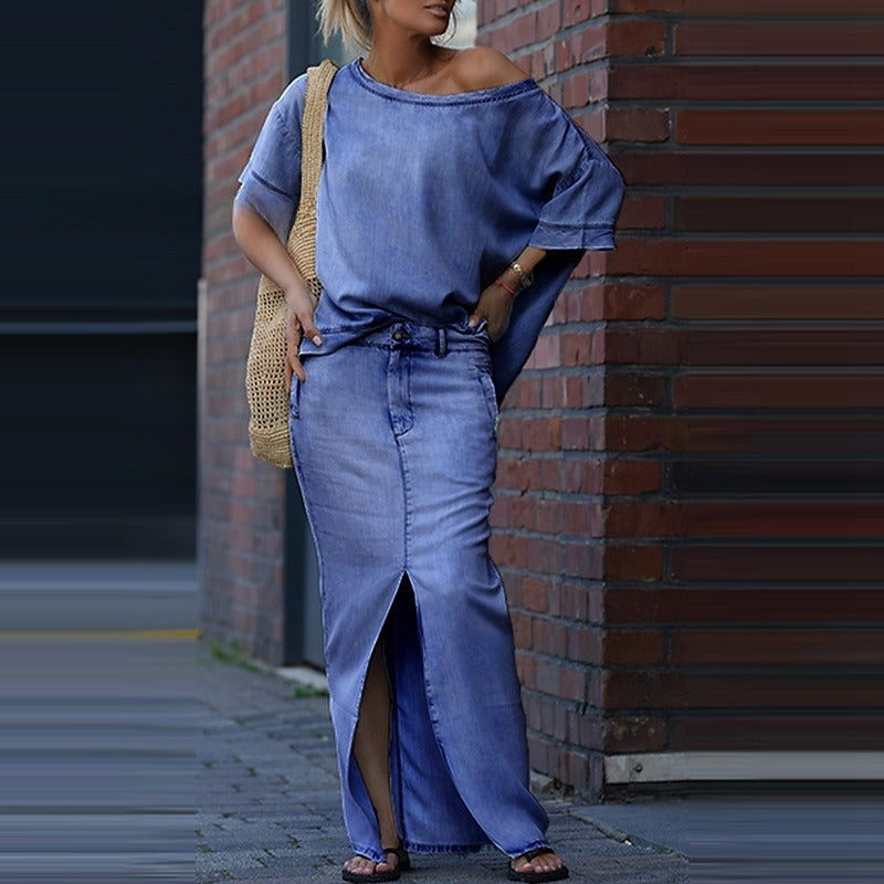 Conjunto de dos piezas para mujer: top de moda europea y americana con falda con abertura.