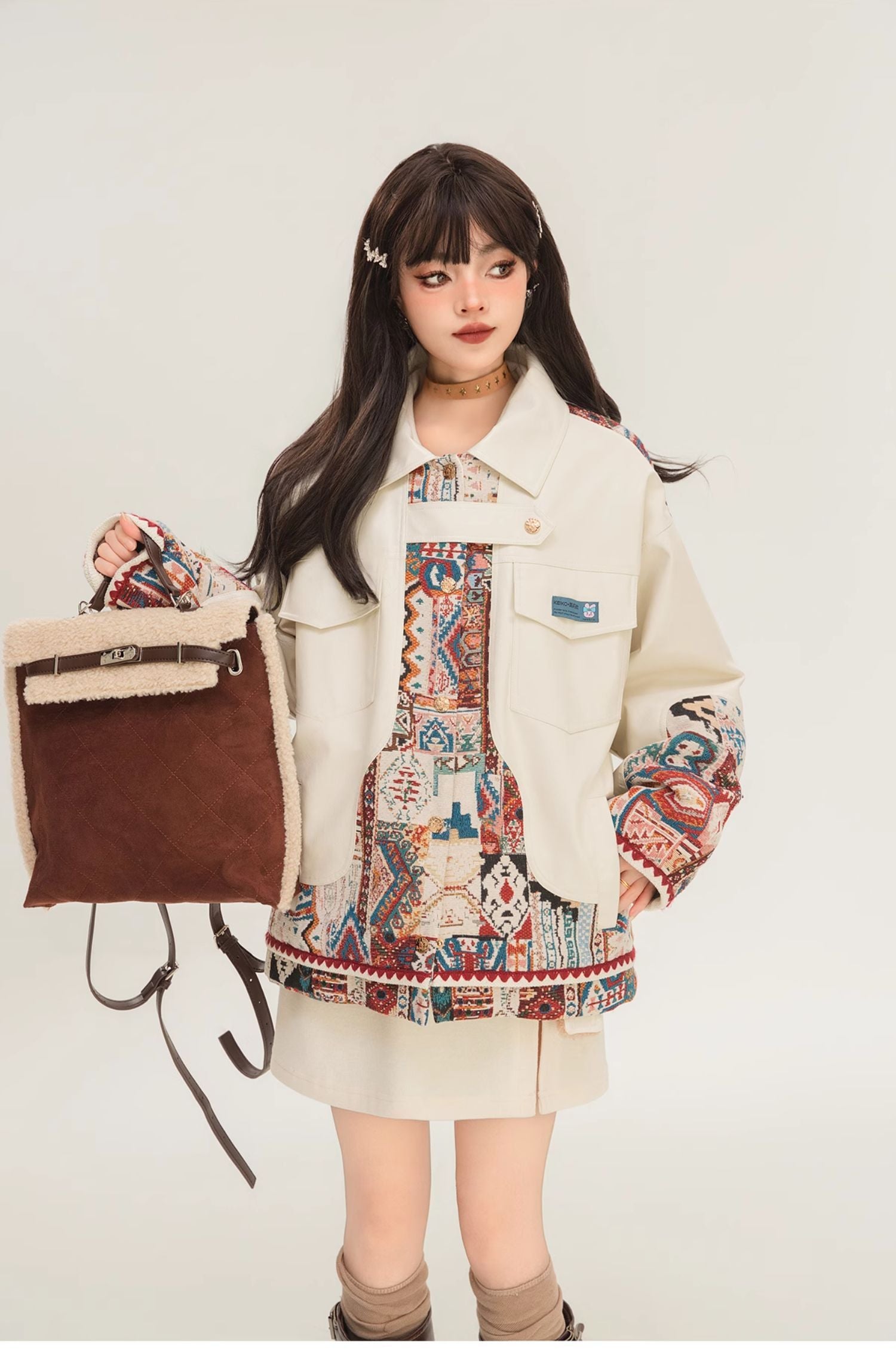 Chaqueta de Cuero PU con Diseño Jacquard