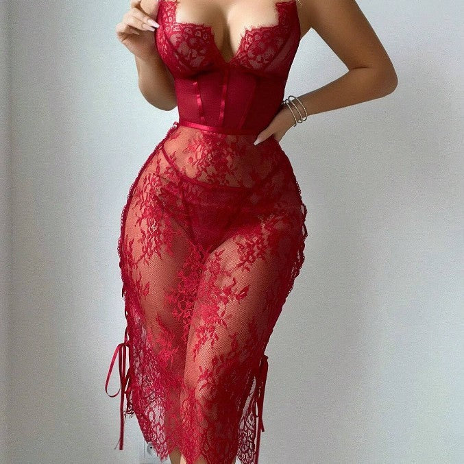 Vestido de lencería sexy rojo con encaje y transparencias