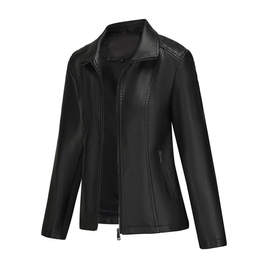 Chaqueta de Mujer en Cuero con Costuras de Punto y Corte Elástico