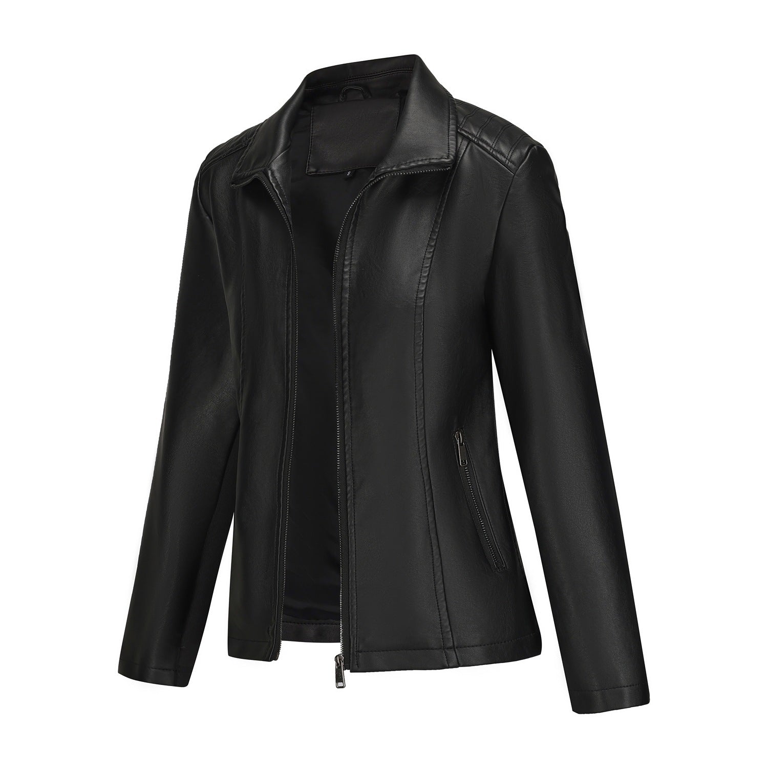Chaqueta de Mujer en Cuero con Costuras de Punto y Corte Elástico