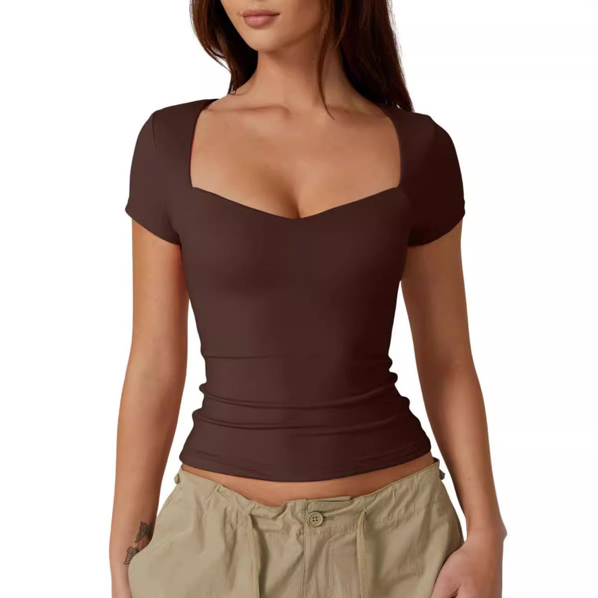 Blusa de moda para mujer, color sólido, slim fit, corte corto