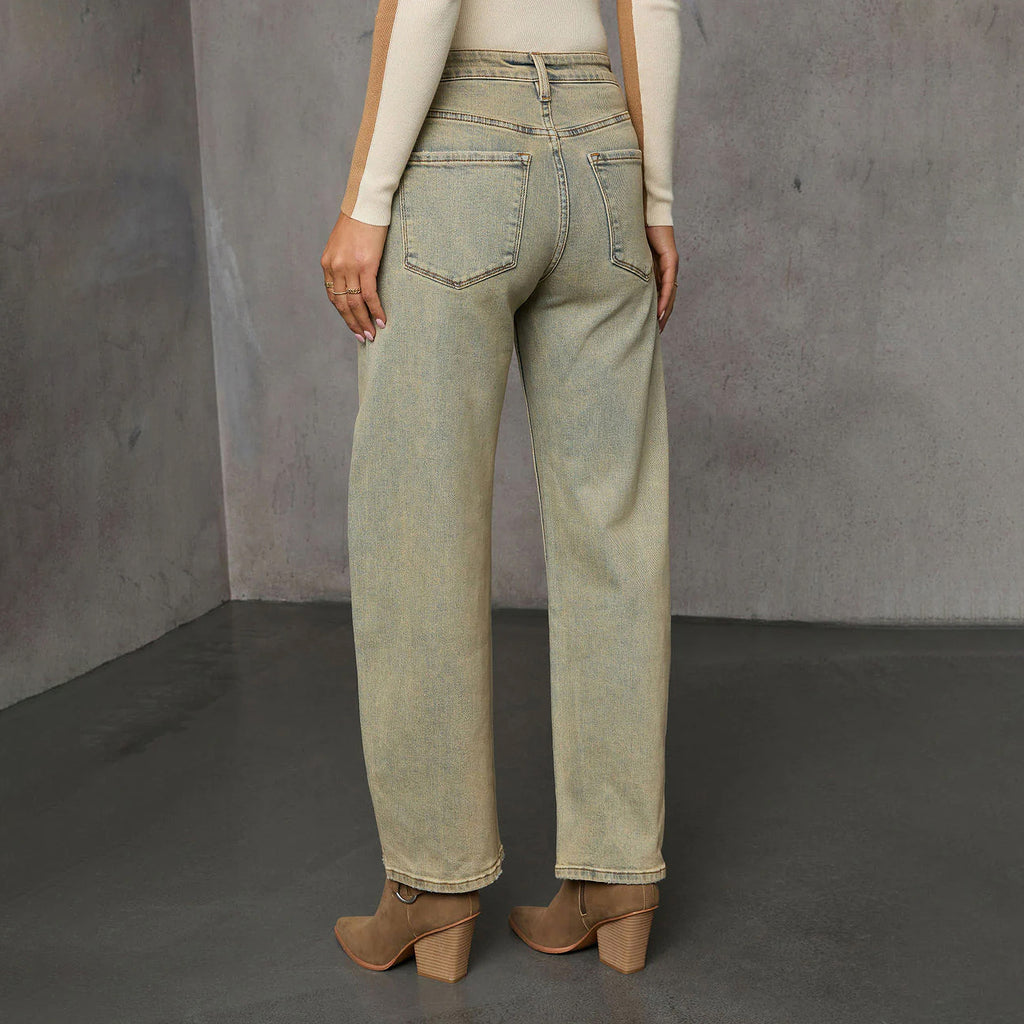 Jeans rectos azul vintage para mujer – estilo americano y urbano con toque retro