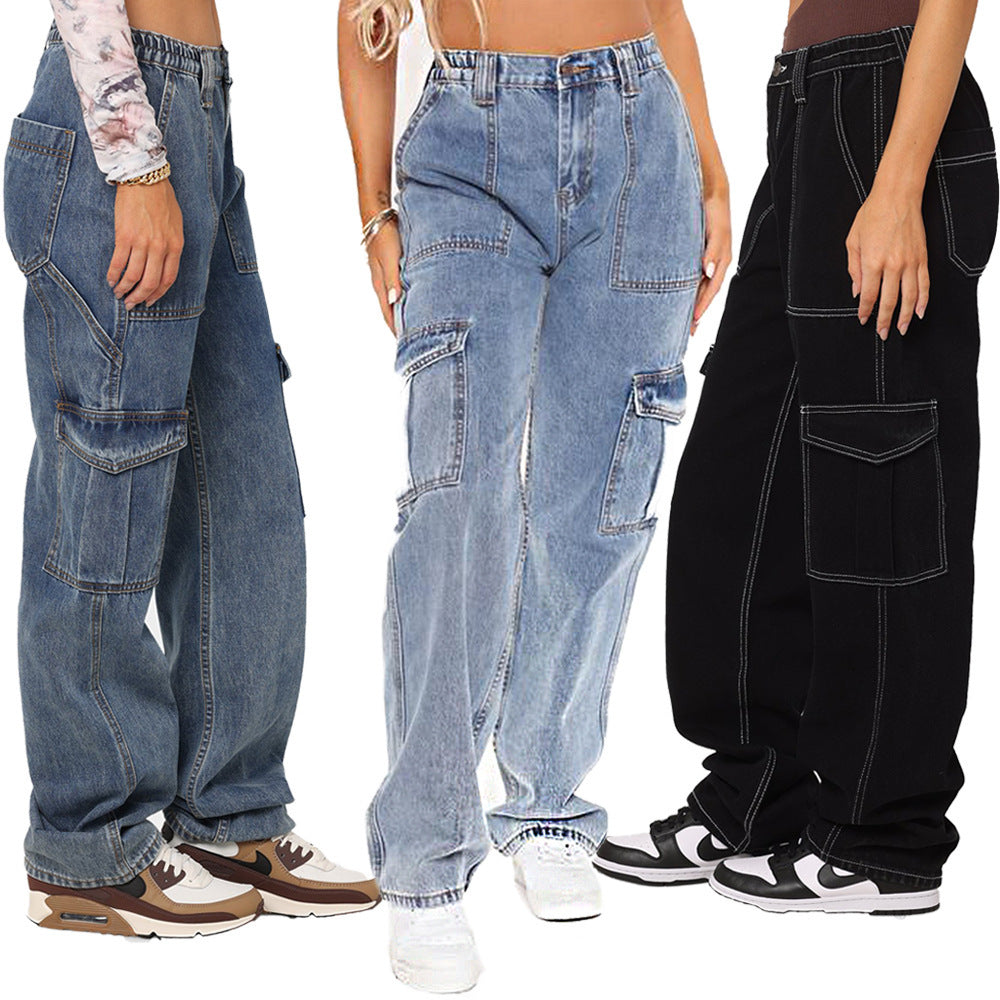 Pantalones holgados de pierna ancha y cintura alta para mujer, estilo ropa de trabajo.