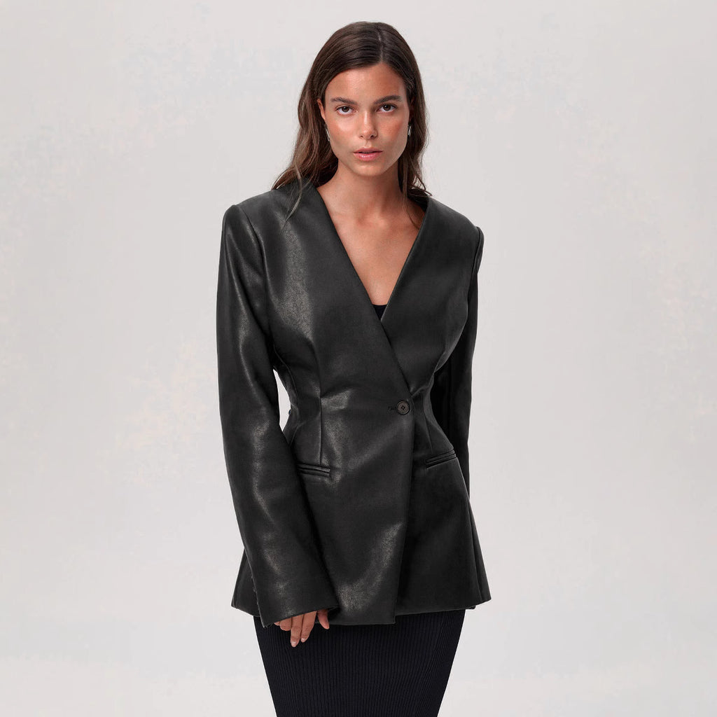 Abrigo Elegante Verde de Cuero con Escote en V y Corte Slim