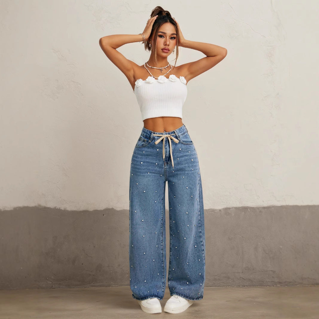 Pantalones de moda de cintura alta, rectos, sueltos, de pierna ancha tipo "mop" con adorno tipo baht.