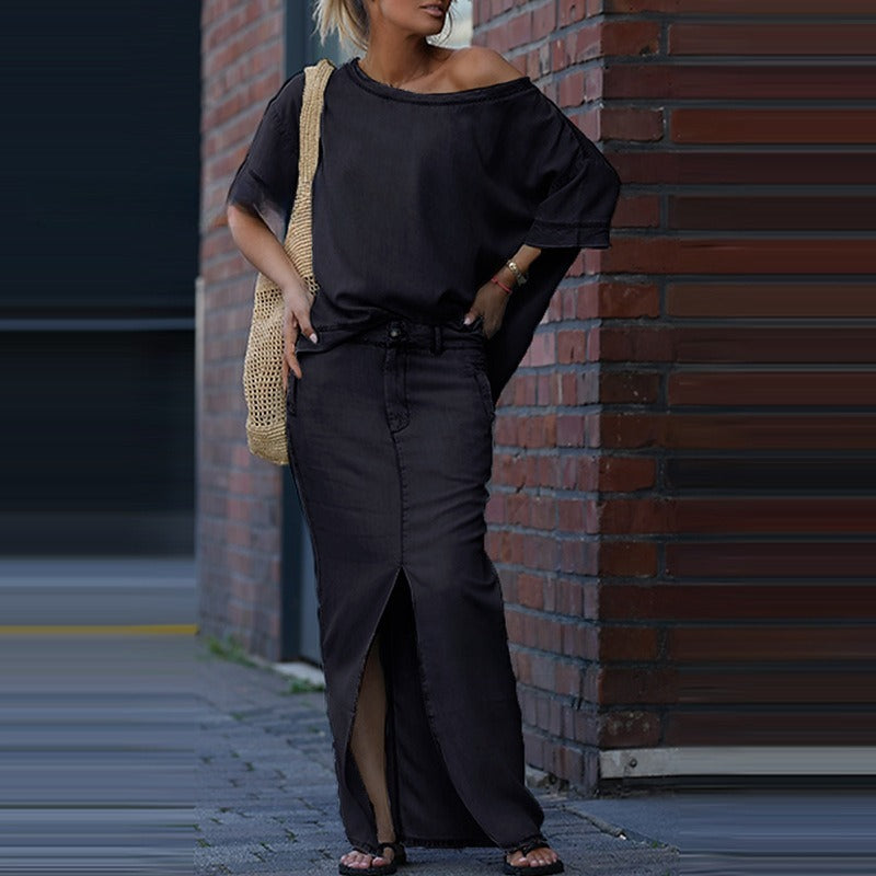 Conjunto de dos piezas para mujer: top de moda europea y americana con falda con abertura.
