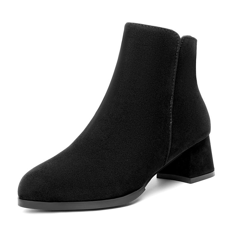 Botas para Mujer Tallas Grandes de Gamuza Frosted con Punta Puntiaguda, Cremallera Lateral y Tacón Grueso Medio