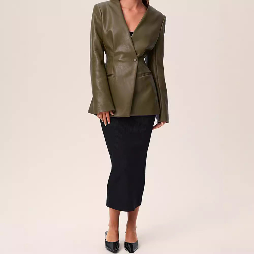 Abrigo Elegante Verde de Cuero con Escote en V y Corte Slim
