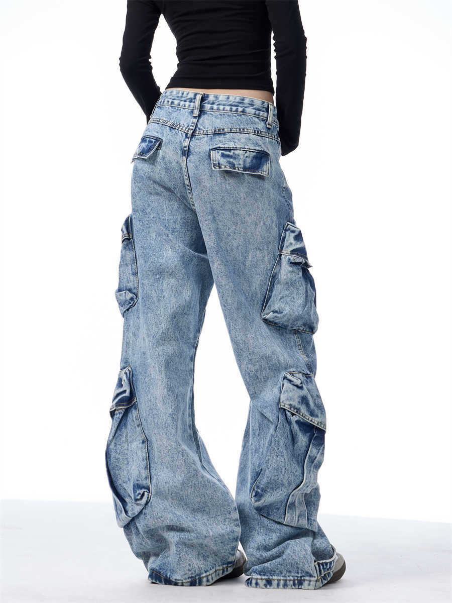 Jeans de trabajo para mujer con múltiples bolsillos, sueltos y de pierna ancha.