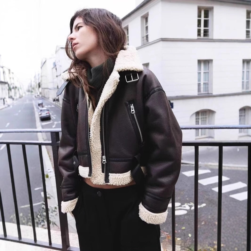 Chaqueta Corta Casual de Doble Cara con Cuello de Piel Integrado y Acolchado