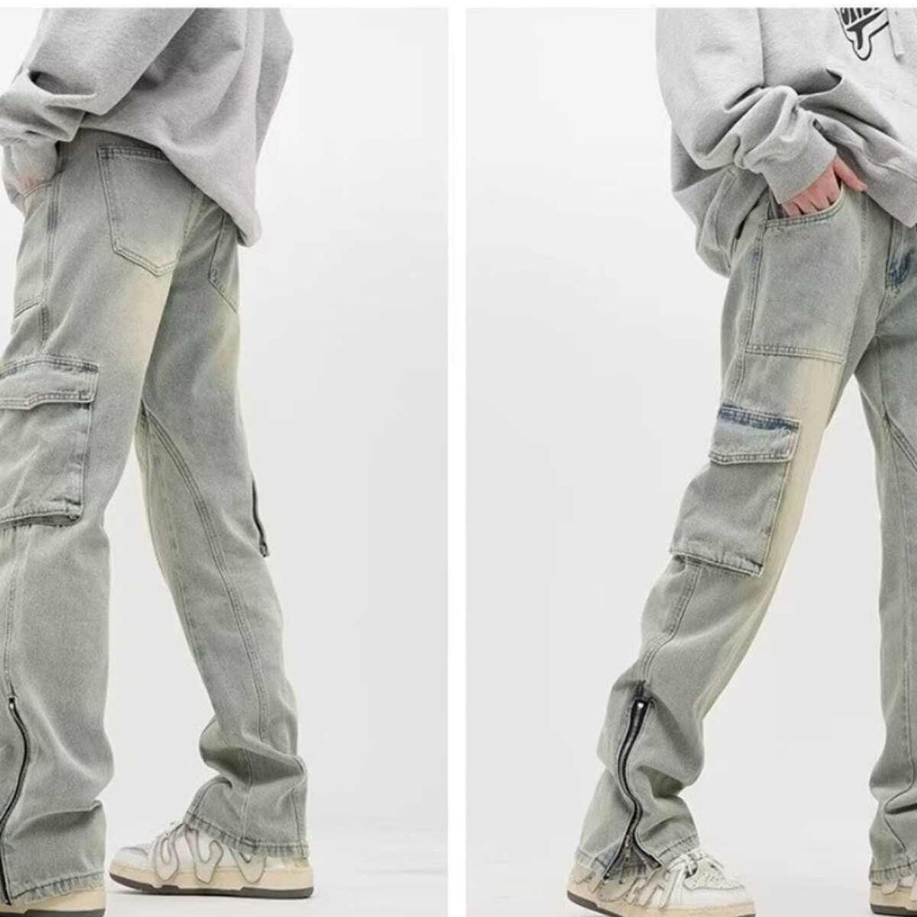 Jeans de trabajo estilo urbano con múltiples bolsillos.