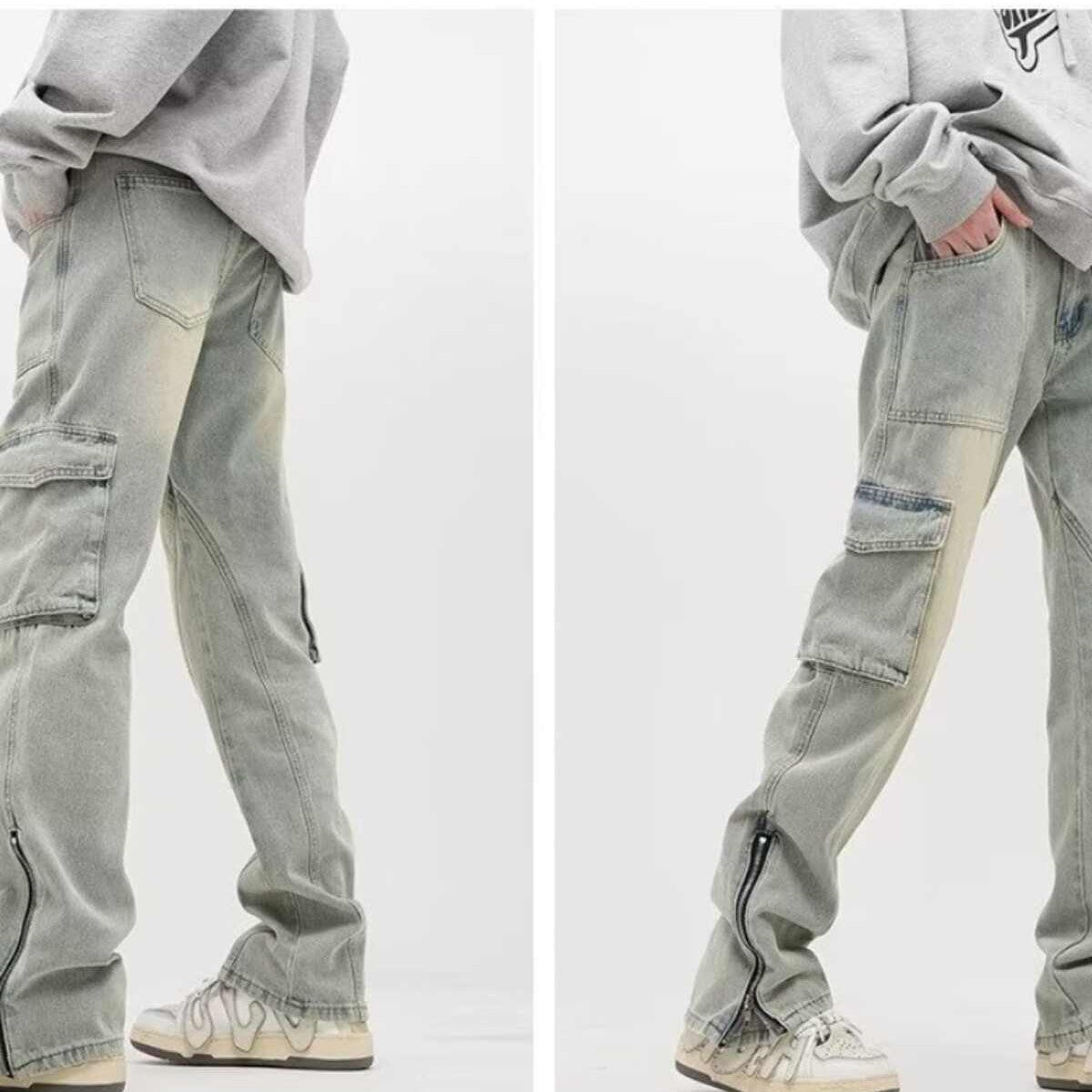 Jeans de trabajo estilo urbano con múltiples bolsillos.