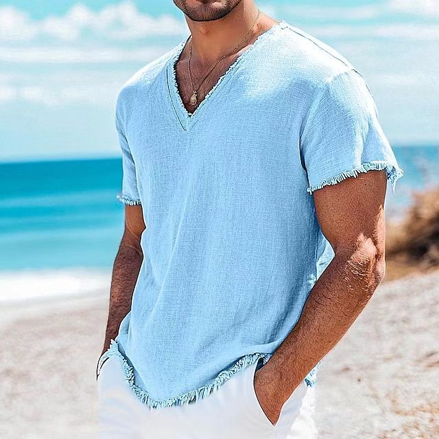 Playera de algodón y lino para hombre, manga corta