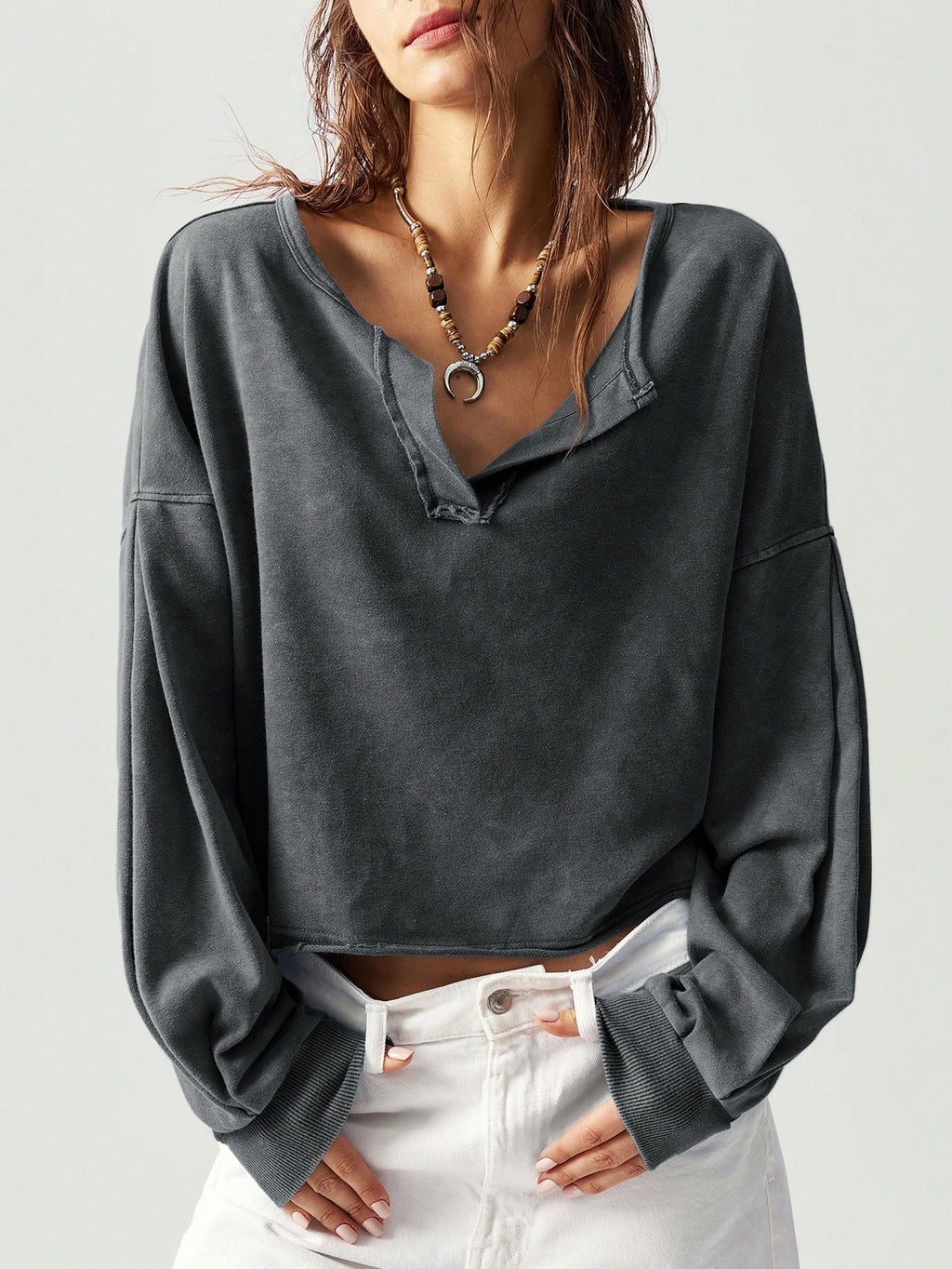 Pullover Holgado de Manga Larga con Cuello en V y Color Sólido