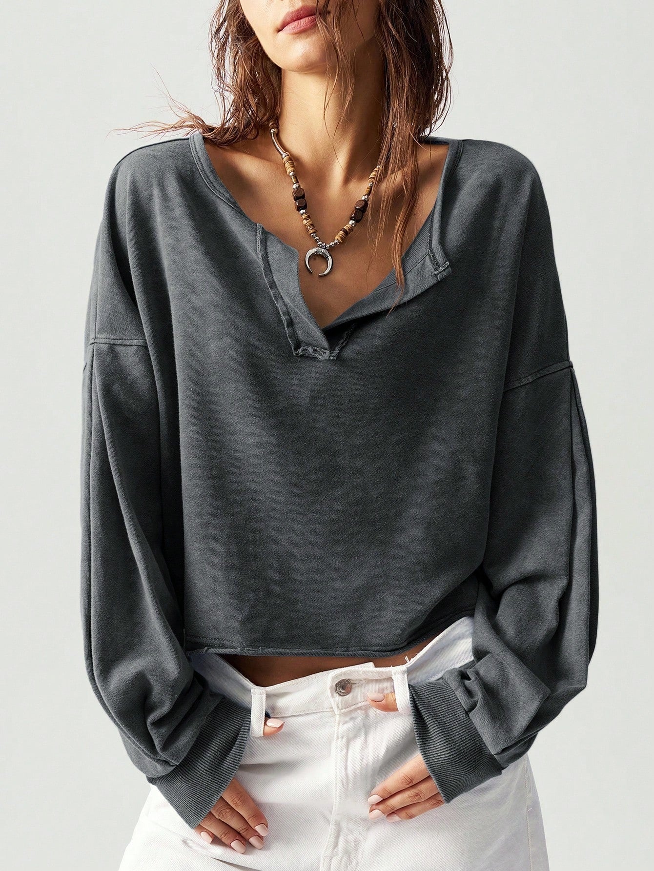 Pullover Holgado de Manga Larga con Cuello en V y Color Sólido