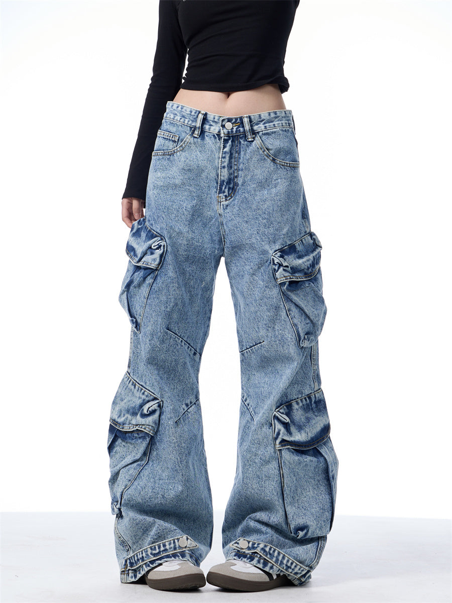 Jeans de trabajo para mujer con múltiples bolsillos, sueltos y de pierna ancha.