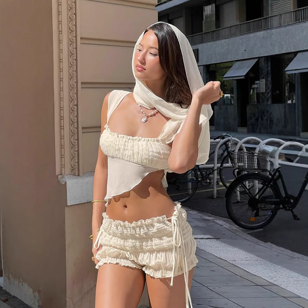 Shorts de talle irregular con cordones, pantalones cortos para chicas atrevidas y sexys.