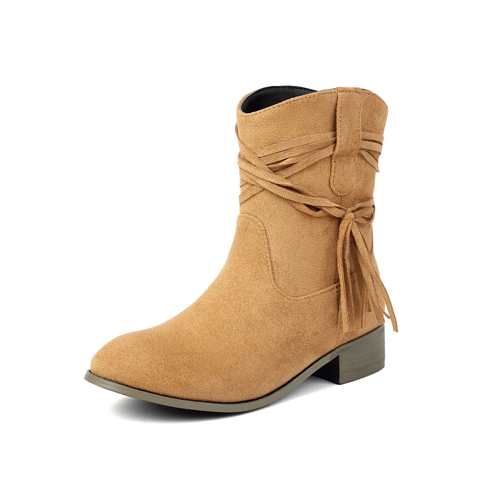 Botines Cortos de Gamuza con Flecos para Mujer – Punta Redonda