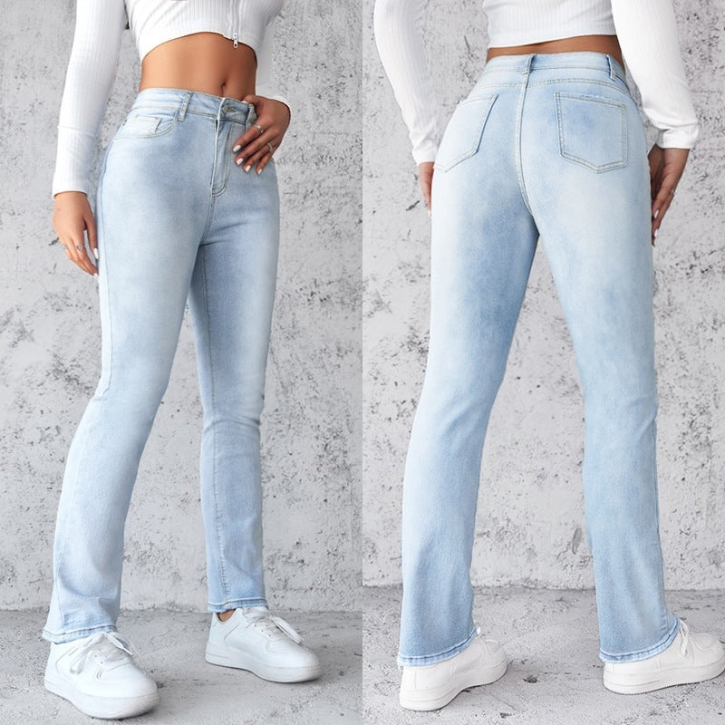 Jeans de Corte Recto y Ajustado para Mujer, Pantalones Azul Claro, a la Moda y Sencillos