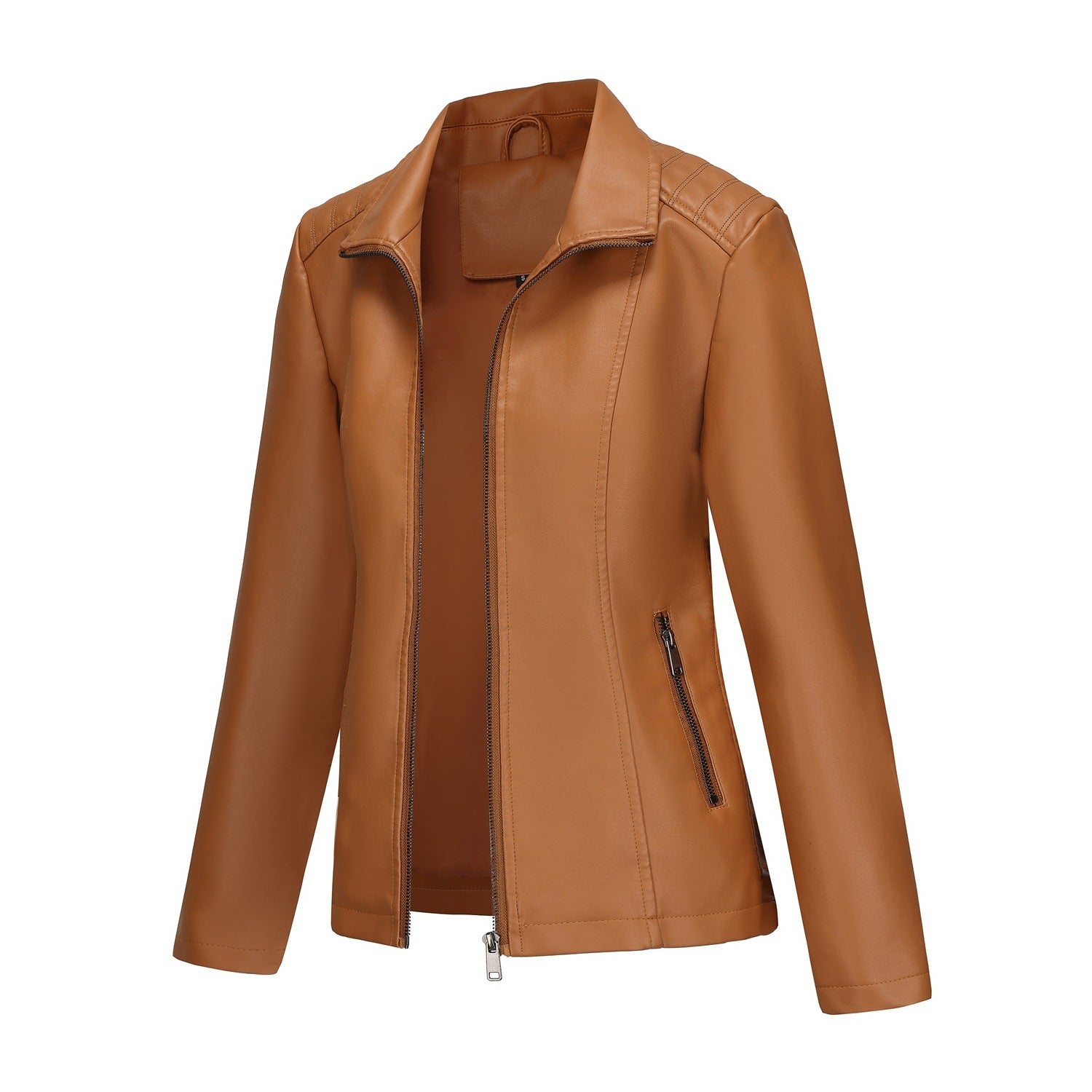 Chaqueta de Mujer en Cuero con Costuras de Punto y Corte Elástico