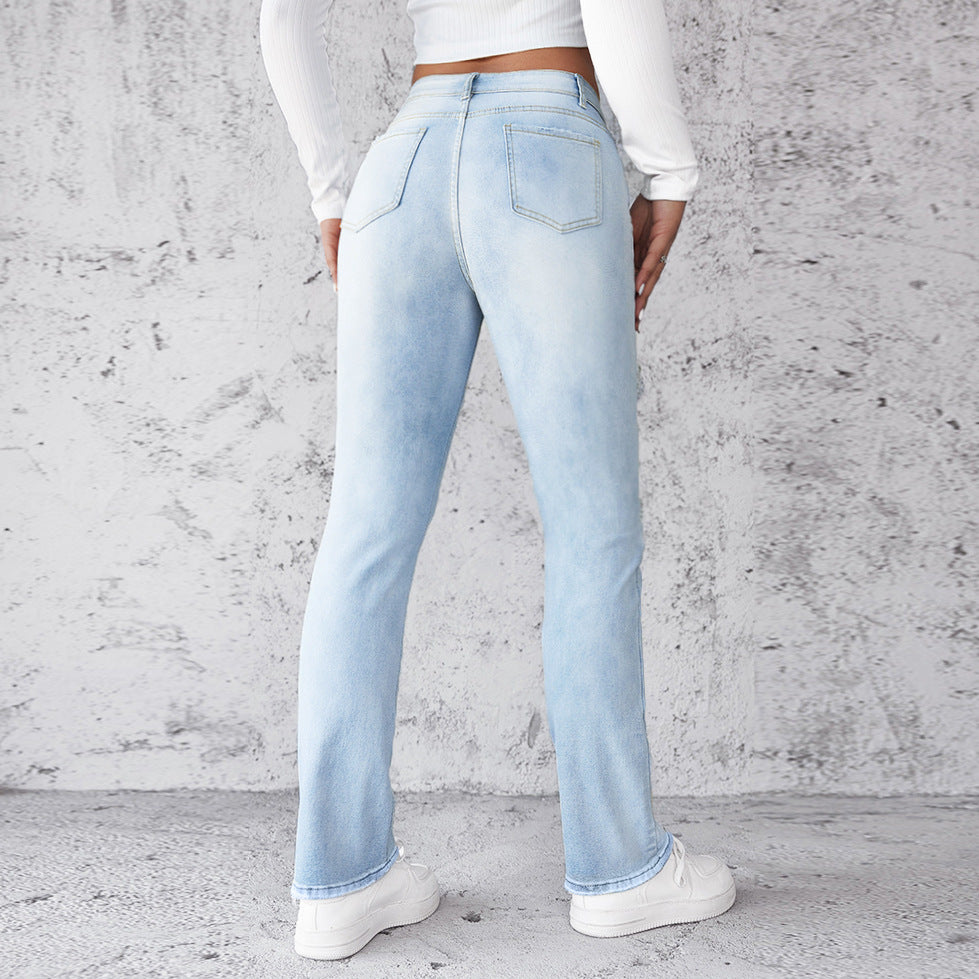 Jeans de Corte Recto y Ajustado para Mujer, Pantalones Azul Claro, a la Moda y Sencillos